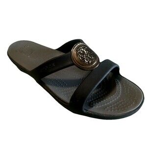 CROCS Sanrah  Women's 11  Gray Black Gold Circle Medallion Slide Low Sandal
